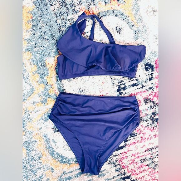 Eomenie Two Piece Swimsuit Bikini Set One Shoulder Ruffle M - Picture 1 of 9